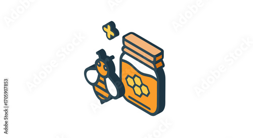 Isometric Honey Jar with Bee Illustration.