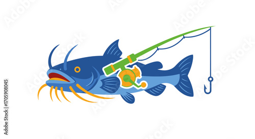 Blue Catfish with Fishing Rod and Hook Illustration.