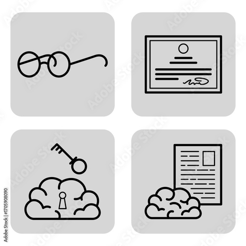 Collection of simple line icons depicting glasses, certificate, key to brain, and document. Tools and resources for educational purposes concept