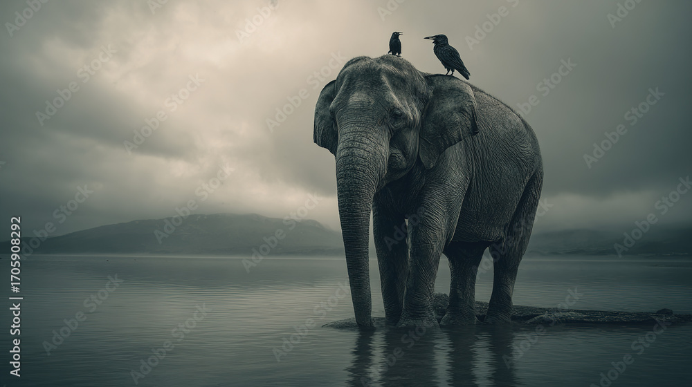 Obraz premium Black and White Style Elephant and Birds