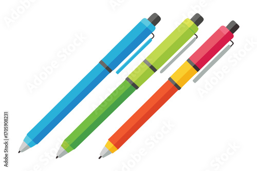Three colorful ballpoint pens lie diagonally against a white background, showcasing blue, green and red