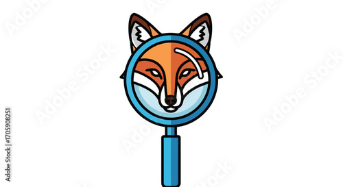 Fox Head Silhouette Inside a Magnifying Glass Cartoon Style.