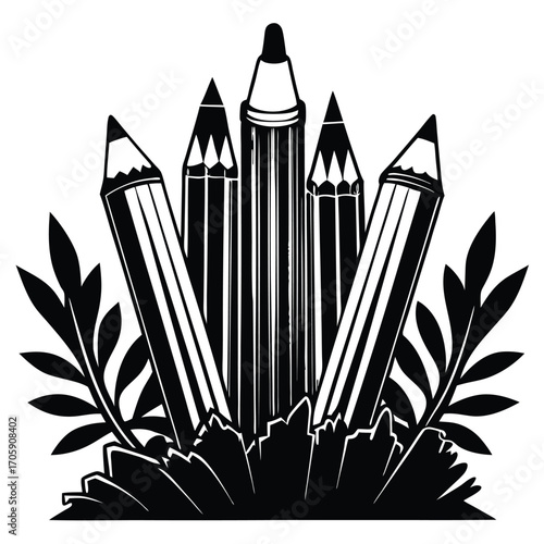 Black pencils stand tall surrounded by leaves in this monochromatic and striking composition