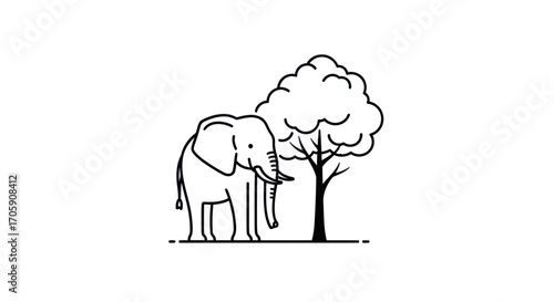 Simple Line Drawing of an Elephant Standing Near a Tree.
