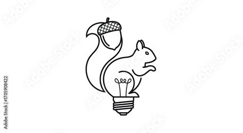 A creative line art logo of a squirrel whose body is a light bulb and tail holds an acorn.