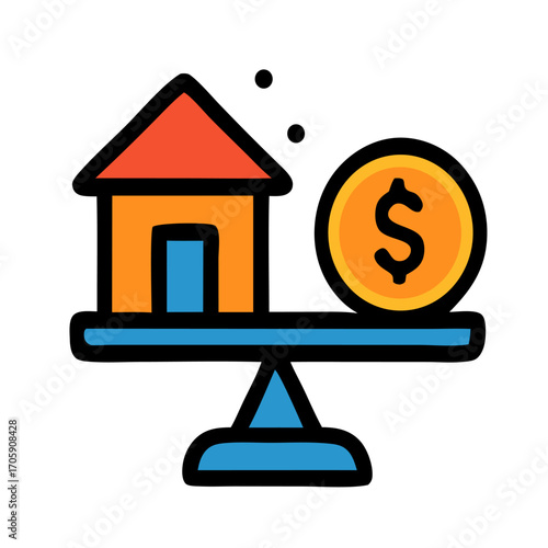 Vector icon of house and dollar on balance scale, representing real estate investment, mortgage, property value, financial decision, housing loan, and asset management concept