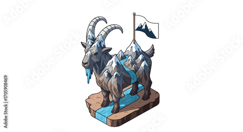 Stylized mountain goat statue with a snowy mountain peak and a flag on its back.
