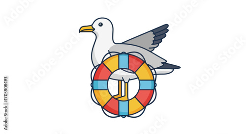 Cartoon seagull perched on a colorful life preserver ring.