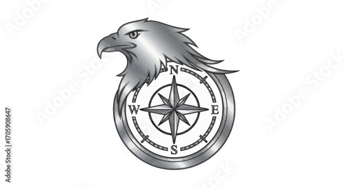 Stylized silver eagle head and compass rose emblem for navigation and direction.