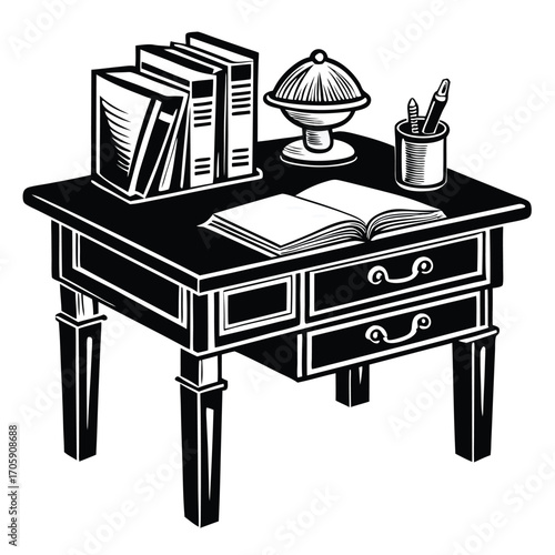 Black and white desk displaying books, an open book, a globe, and pencils