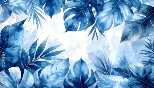 Botanical Impression: An artistic, close-up view of vibrant, blue botanical leaves with a watercolor effect creating a textured aesthetic for designs and decor