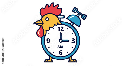 A whimsical cartoon illustration of a blue alarm clock with a rooster head and a dumbbell for a hammer.