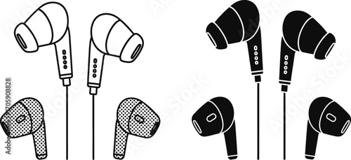 Detailed illustration of earbuds in outline and silhouette styles for versatile design use