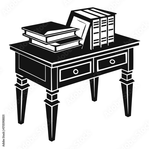 Two stacks of books are presented on a classic desk with drawers
