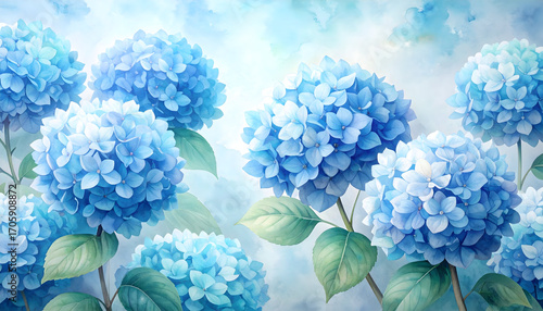 Wallpaper Mural Hydrangea Bloom: Delicate, watercolor-style blue hydrangea blooms. A visual poem, capturing the soft essence of nature's beauty. Torontodigital.ca