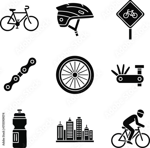 A black vector icon set covering essential cycling elements. This collection features bicycles, a helmet, repair tools, and accessories