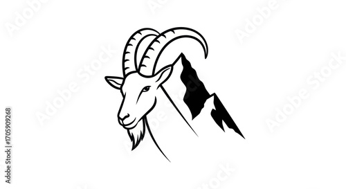 Majestic Mountain Goat Head Silhouette with Peaks.