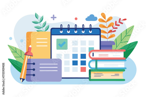 Flat design calendar shows checklist near stack of books and stationery items