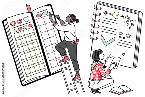 African woman edits big planner on ladder while other woman reads nearby journal