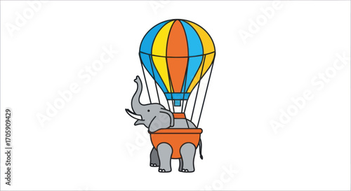 A whimsical cartoon elephant wearing a colorful striped hot air balloon as a basket.