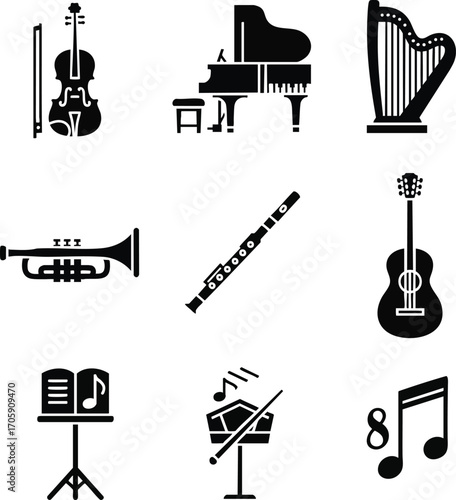 A collection of black silhouette vector icons featuring various musical instruments, including violin, piano, and guitar