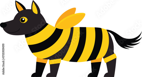 A funny cartoon bee character with black and yellow stripes happily flying over a flower
