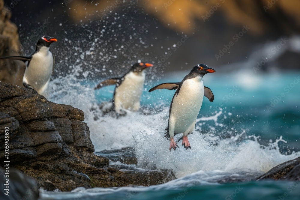 Fototapeta premium Dynamic scene of Rockhopper Penguins leaping from the sea onto jagged rocks