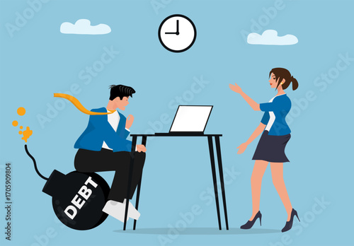 Stressed Businessman Working Under Debt Pressure with Deadline Time Limit While Businesswoman Explains Problem and Laptop Computer on Office Desk Vector Illustration