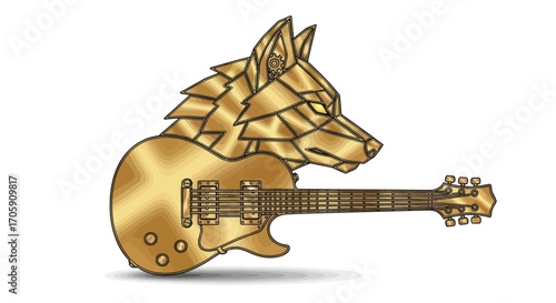 Golden Wolf Head and Electric Guitar Illustration.
