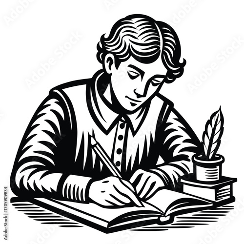 Young man is diligently writing in his book with a quill and ink
