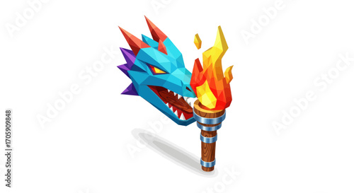Fierce Blue Dragon Head Holding a Flaming Torch.