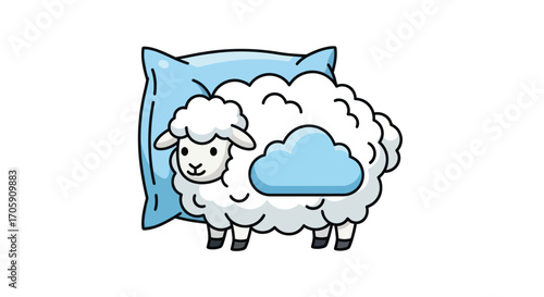 Cartoon Sheep Resting on a Blue Pillow Cloud Design.