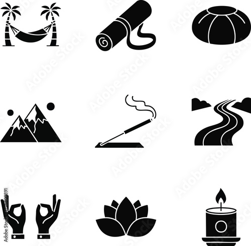 A collection of vector illustrations depicting relaxation, yoga, and meditation
