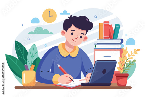 Smiling person writes in notebook beside laptop with plants and books visible nearby