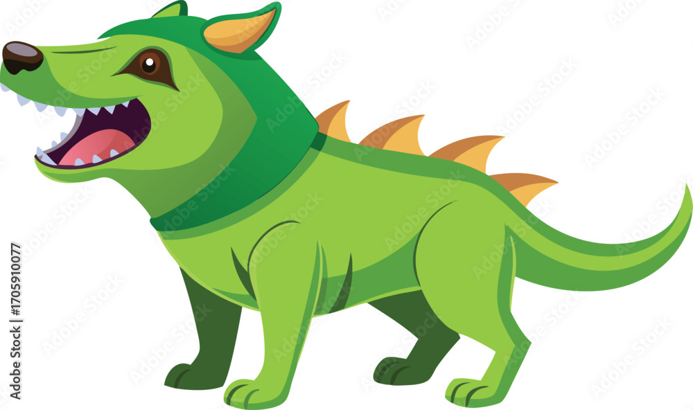Obraz premium A fun and cute green cartoon dinosaur character, like a baby Tyrannosaurus Rex, is a funny little monster