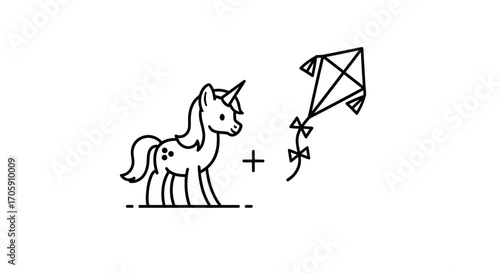 A minimalist black line art rebus showing a cute cartoon unicorn plus a kite.