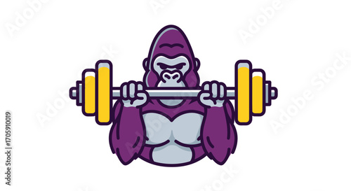 Cartoon Gorilla Lifting a Barbell with Yellow Weights Fitness Theme.