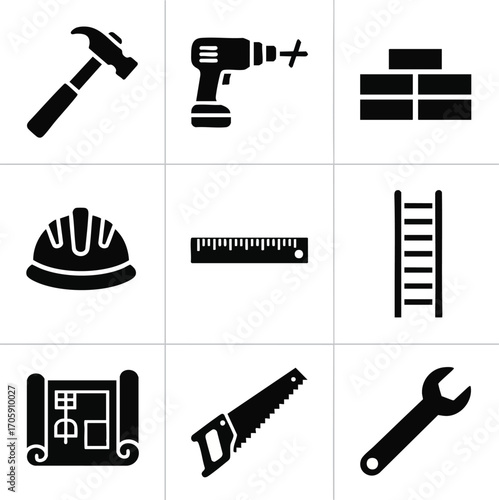 A comprehensive set of construction and handyman tool icons, including hammer, drill, bricks, safety helmet, ruler, ladder, blueprint, saw, and wrench