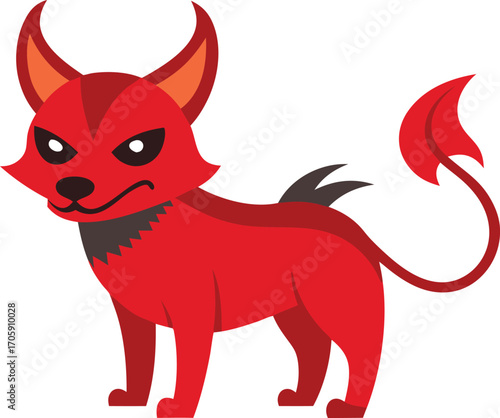 A red cartoon devil animal illustration with a cute smile and a small bull horn symbol