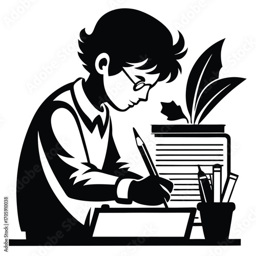 Young artist with glasses draws on digital tablet near plant and stationery pot