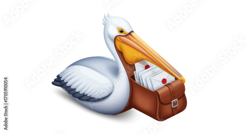 Whimsical Pelican Character Delivering Mail in a Satchel.