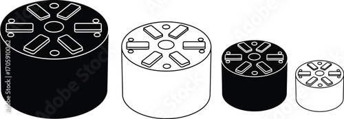 Set of four cylindrical hydraulic motor components in varying sizes and colors.