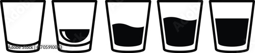 Five glasses showing increasing levels of dark liquid, symbolizing progress or stages