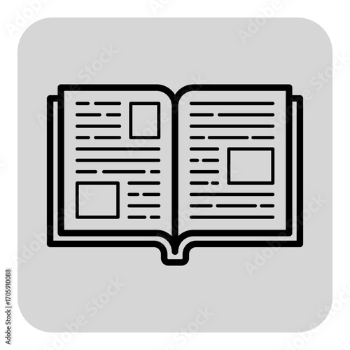 Open book icon featuring lines and empty boxes for content. Learning and education, importance of books in knowledge acquisition concept