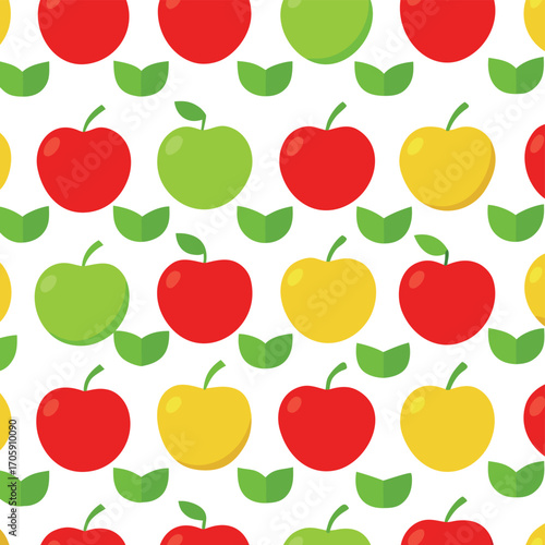 Vector art of colorful seamless pattern of red, green, and yellow apples with leaves transparent background