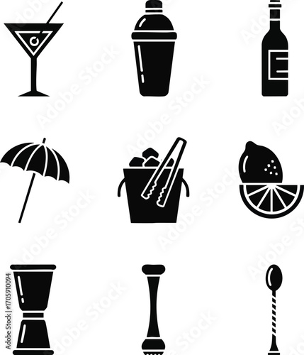 A crisp set of black silhouette icons for cocktail making. Features bar tools like a shaker, jigger, muddler, and ice bucket