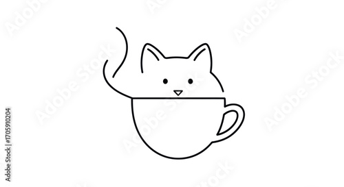Whimsical Black Line Art Cat in Coffee Cup Design.