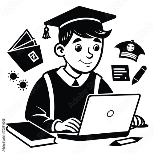 Smiling student wearing mortarboard uses laptop surrounded by educational icons in black and white