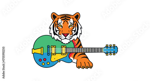 Cartoon Tiger Playing a Green Electric Guitar.