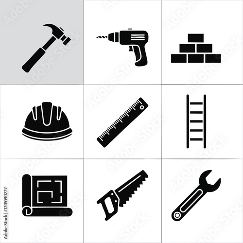 A graphic set of essential construction and building tool icons. Features hammer, drill, hard hat, and blueprint silhouettes